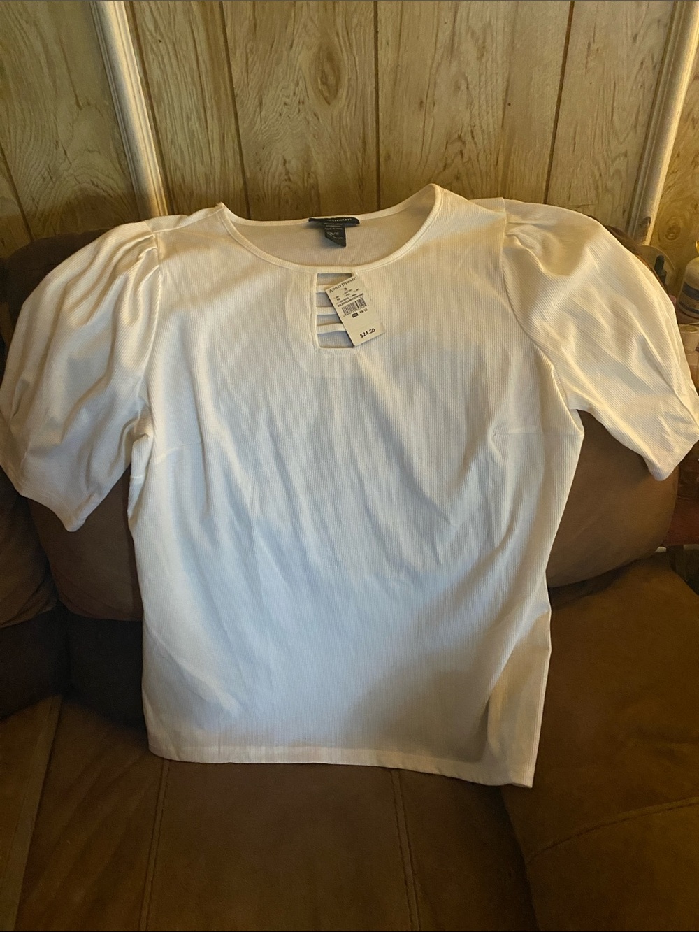 Ashley Stewart White Puff Sleeve Short Sleeve Top